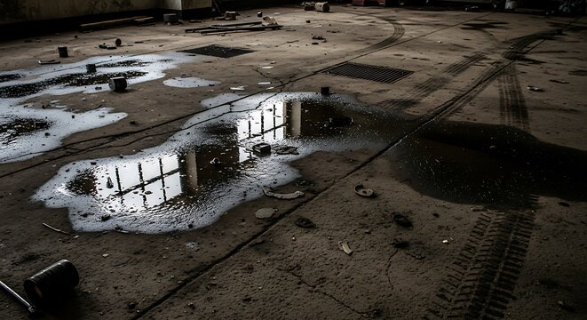 Dark Wet Concrete Floor with Puddles and Debris in Abandoned Industrial Space