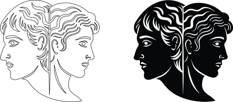 Janus ancient roman two-faced profile in outline and silhouette, facing opposite directions.