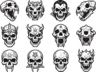 Fototapeta premium Various skull illustrations with different designs and expressions are shown.