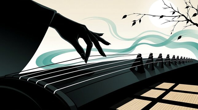 Traditional Asian Zither Player Performing Elegant Melody in Minimalist Graphic Vector Style for Wellness and Culture Background