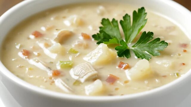 Creamy new england clam chowder served in a white bowl, garnished with fresh parsley, extreme close-up view