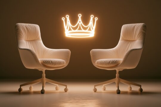 Crown floating between office chairs as leadership transition concept