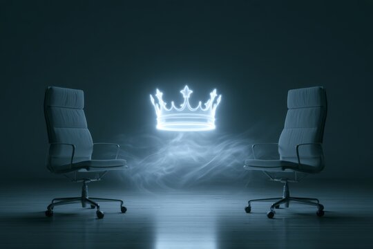 Crown floating between office chairs as leadership transition concept