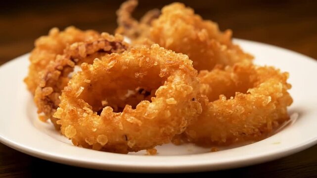 Close-up of crispy golden brown fried calamari rings served as an appetizer on a white plate in a restaurant setting