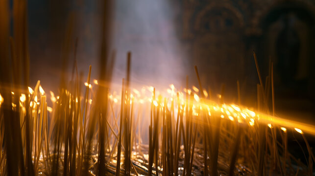 Rows of thin beeswax candles burning in dark Orthodox church, warm golden flames and blurred icons creating a sacred atmosphere for prayer, faith, memorial, worship, religion and spiritual background.