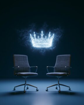 Crown floating between office chairs as leadership transition concept