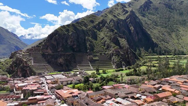 Aerial view of the town of Ollantaytambo and the ancient Inca terraces in Cusco, Peru