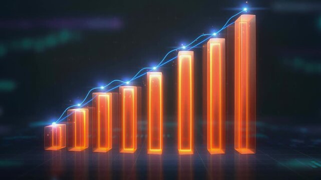 Glowing orange 3D bar chart with rising data trend and blue line graph on dark background