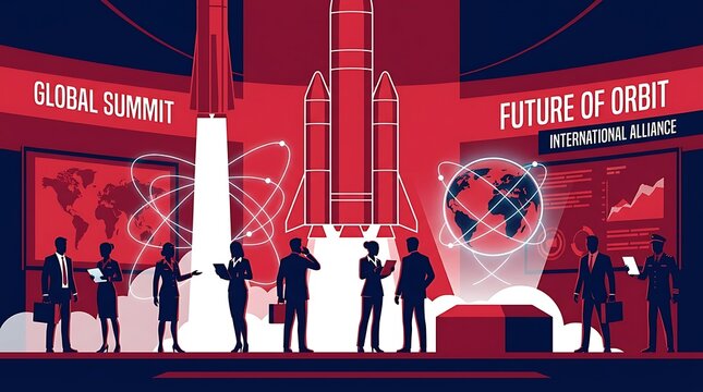 Global summit on the future of orbit and international space alliance silhouettes of business people and military personnel standing in front of a rocket launch and digital globe