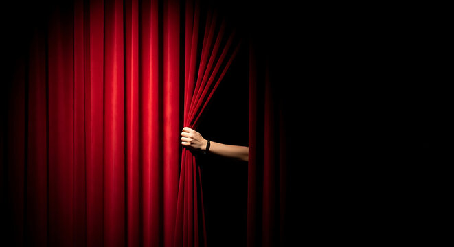 A hand peels back red curtains revealing darkness with a spotlight shining on fabric