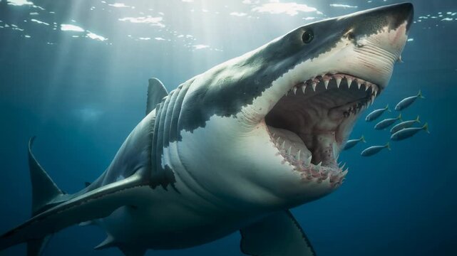 Close-up of a great white shark swimming underwater with its mouth open showing sharp teeth