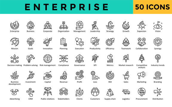 Enterprise icons set with enterprise, business, corporate, organization, management, leadership, strategy, growth, expansion, vision icon. Simple line vector 

