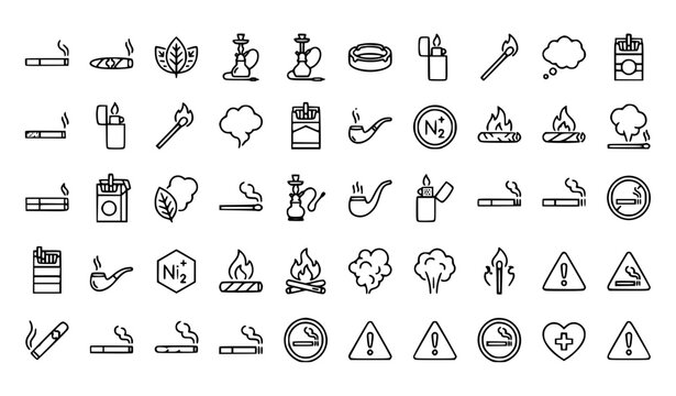 Smoking and Tobacco Line Icon Set Featuring Cigarette Cigar Hookah Ashtray and Smoking Accessories Symbols