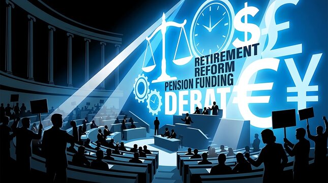 Conceptual illustration of a legislative debate on retirement reform and pension funding, featuring a parliamentary chamber, scales of justice, clock, and global currency symbols