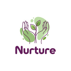 Fototapeta premium Minimalist nurture logo illustration with cupped hands holding a growing plant sprout.