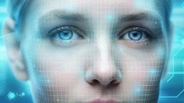Close up of woman face recognition technology scanning blue eyes with futuristic digital grid overlay