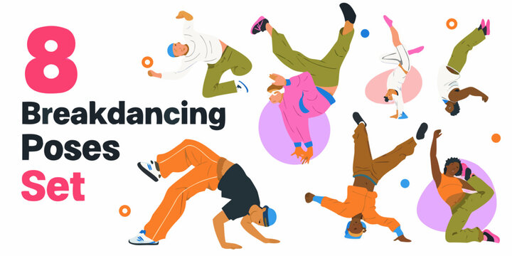 breakdancing poses set colorful vector illustration