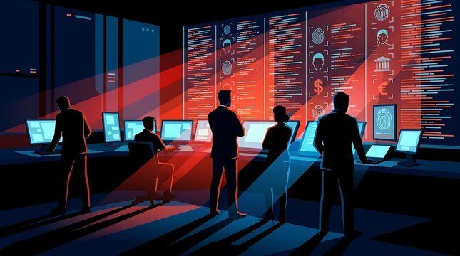 Cybersecurity team monitoring global data and digital surveillance in a hightech control room, analyzing biometric information, financial records, and network security threats