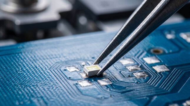 Precision tweezers carefully place a tiny electronic component onto a complex circuit board, showcasing intricate assembly and micro-technology in electronic manufacturing