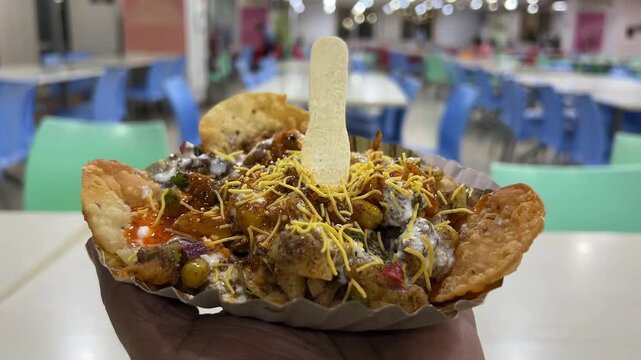 A close-up of a corporate professional holding a fresh plate of savory Indian papri chaat, set against a blurred background of modern office chairs and workstations.