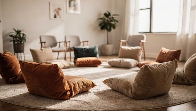 Focused medium shot on a cozy group circle setup in an ambulatory behavioral health space highlighting plush cushions with the surrounding room softly out of focus.