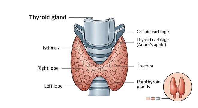 Anatomical Thyroid Gland Diagram with Labeled Lobe and Glandular Structures