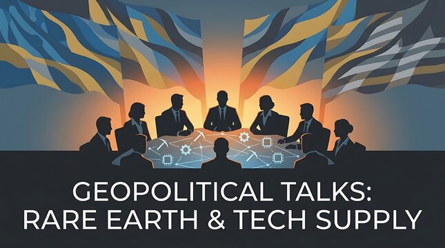 Geopolitical talks on rare earth elements and technology supply chain, diplomatic meeting of world leaders with abstract icons of mining and microchips, global trade and industry strategy concept