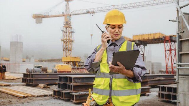 Female construction worker with safety gear using tablet and walkie talkie at building site