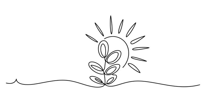 Minimalist continuous line drawing of a small growing plant sprout with a bright rising sun behind it in a simple black ink style on a clean design surface Vector, illustration