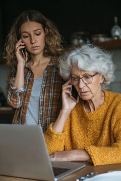 Connected Across Generations: Young Woman and Elderly Woman Engaging with Technology