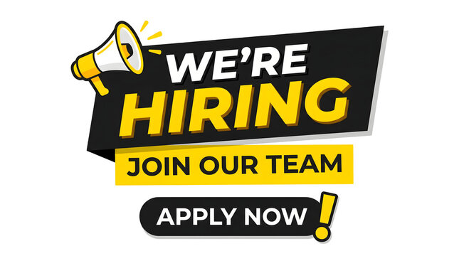 Vibrant 'we're hiring' sign with megaphone on transparent background for business recruitment