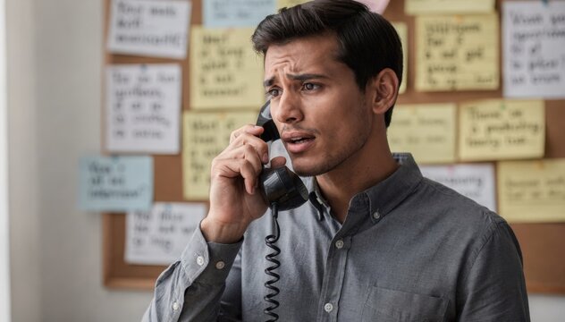 Phone interview practice with a candidate speaking into the handset the microphone and notes pinned on the wall blurred behind.