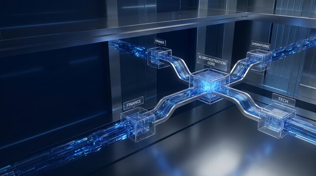 Artificial intelligence orchestration core connecting business finance and operations departments through a centralized digital network system in a modern office