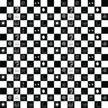 Minimalist black and white checkerboard doodle seamless pattern, aesthetic checkered background with whimsical hand-drawn icons for modern stationery and textiles.