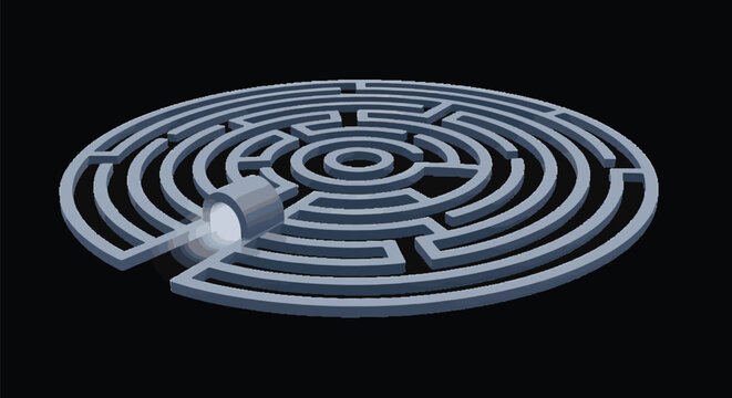 Vector illustration of a complex 3D labyrinth maze with high stone walls leading to a bright glowing light at the exit portal, conceptualizing success, achievement, and discovery.
