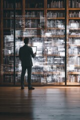 Obraz premium Exploring the Digital Frontier: A Man in a Modern Library of the Future