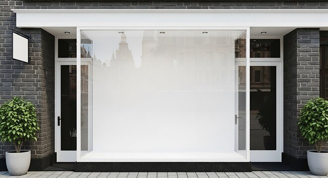 Modern Empty Storefront Display Window on Dark Brick Urban Street