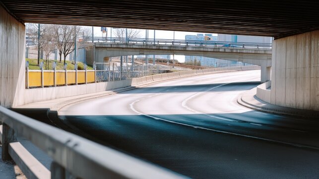 Urban Underpass View with Smooth Road Surface and Soft Light Creating a Serene Atmosphere in a Modern City Environment
