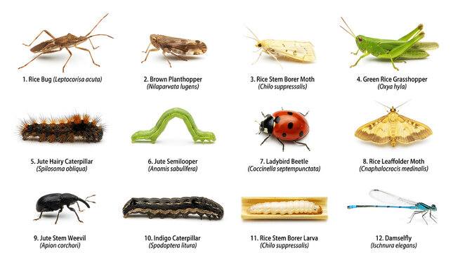 Collection of various Asian rice pests and insects on a white background