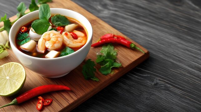 Fresh Shrimp Soup with Aromatic Herbs and Spices on a Wooden Board with Lime and Red Chili Peppers