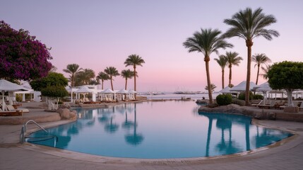 Fototapeta premium Serene Poolside View at Tropical Resort with Palm Trees and Sunset Sky Overlooking Calm Water