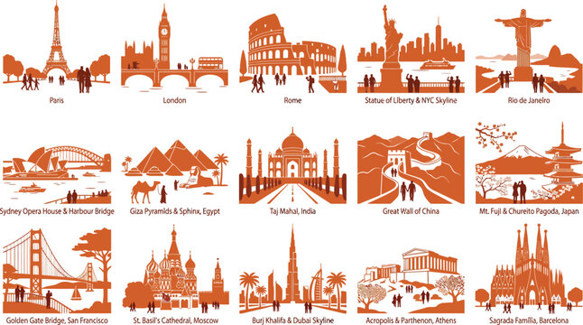 World landmarks collage silhouette with eiffel tower statue of liberty taj mahal great wall christ the redeemer big ben golden gate bridge mount fuji sagrada familia sydney opera house