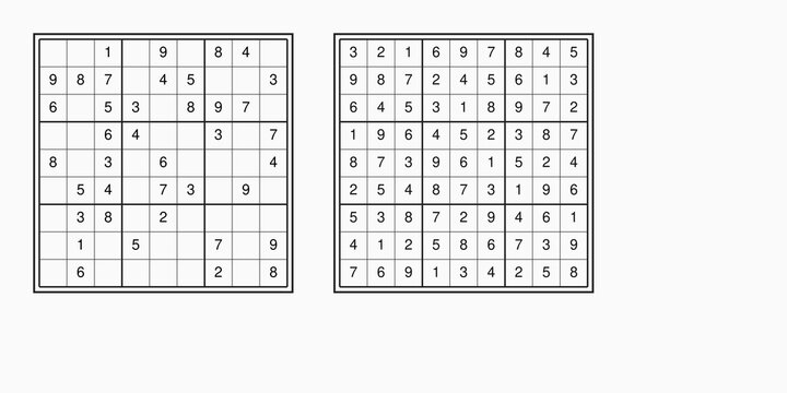 Sudoku number puzzle game with both unsolved grid and completed solution for problem-solving concept and brain training illustration