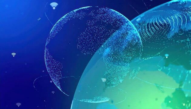 Glowing Digital Globe with Network Icons in Futuristic Technology Background