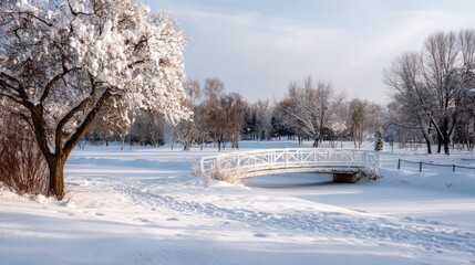 Fototapeta premium Serene Winter Landscape with Snow-Covered Trees and Bridge in Tranquil Park Setting