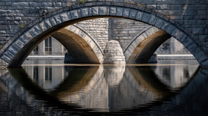 Fototapeta premium Majestic arches of a historic stone bridge reflecting in calm water at a scenic riverside location