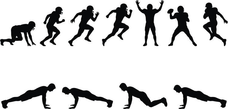 American Football and Fitness Exercise Silhouette Collection with Running Training and Push Up Workout Poses