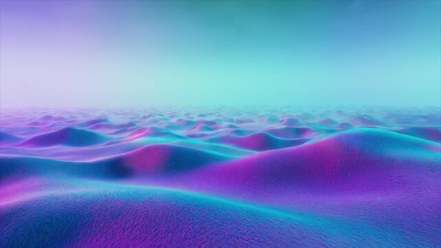 Neon gradient desert dunes in wide cinematic view, soft flowing hills covered in vibrant pink and blue tones fading into atmospheric haze, abstract futuristic landscape for technology backgrounds