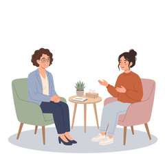 Obraz premium Young woman talking to female therapist during psychology counseling session vector illustration.