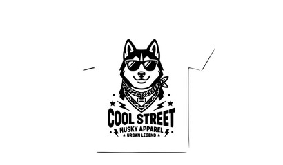 Black and white cool husky dog retro t shirt vector with sunglasses typography isolated on white © MD
